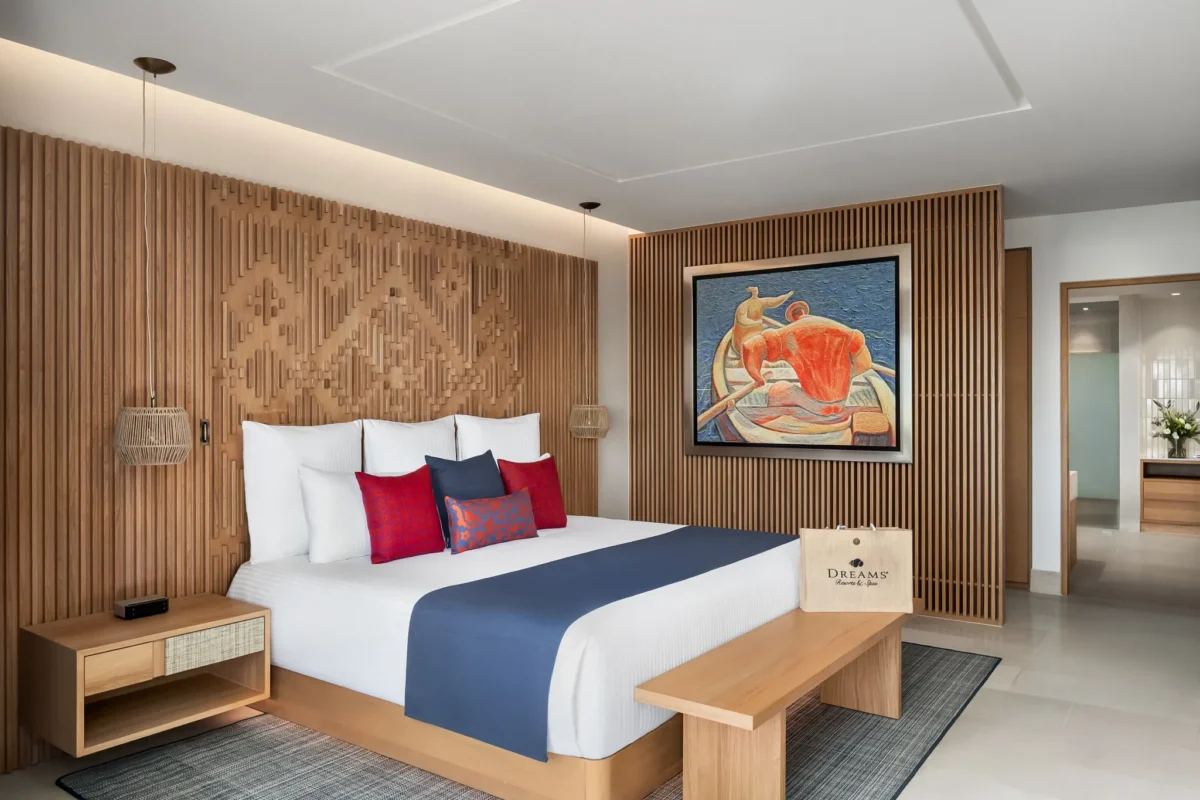Preferred Club Premium Master Suite Swim Out bedroom with king bed at Dreams Estrella del Mar Mazatlan Golf & Spa Resort.