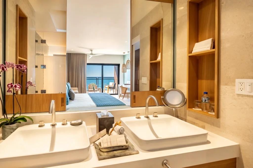 Preferred Club Premium Ocean Front bathroom with double vanity at Dreams Estrella del Mar Mazatlan.
