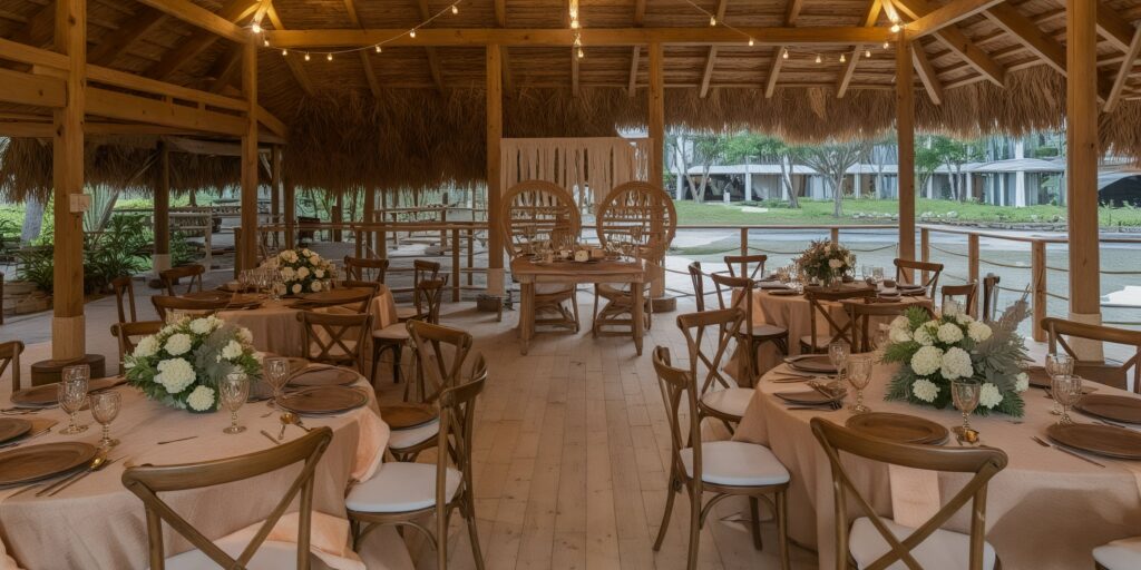 Blue Dorado palapa reception setup with wooden décor at Dreams Flora Resort & Spa