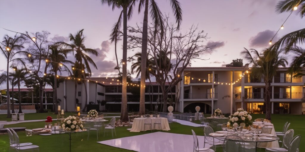 Framboyan Garden outdoor reception setup with string lights at Dreams Flora Resort & Spa