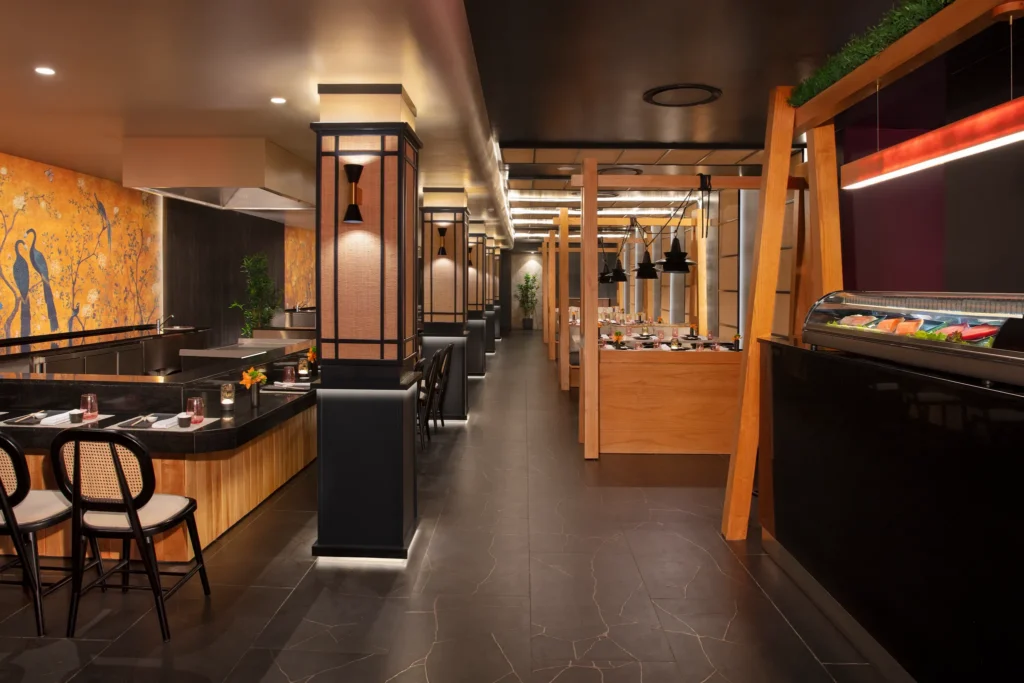 Himitsu Asian restaurant at Dreams Flora Resort & Spa featuring modern Japanese-inspired décor, sushi bar, and elegant dining atmosphere.