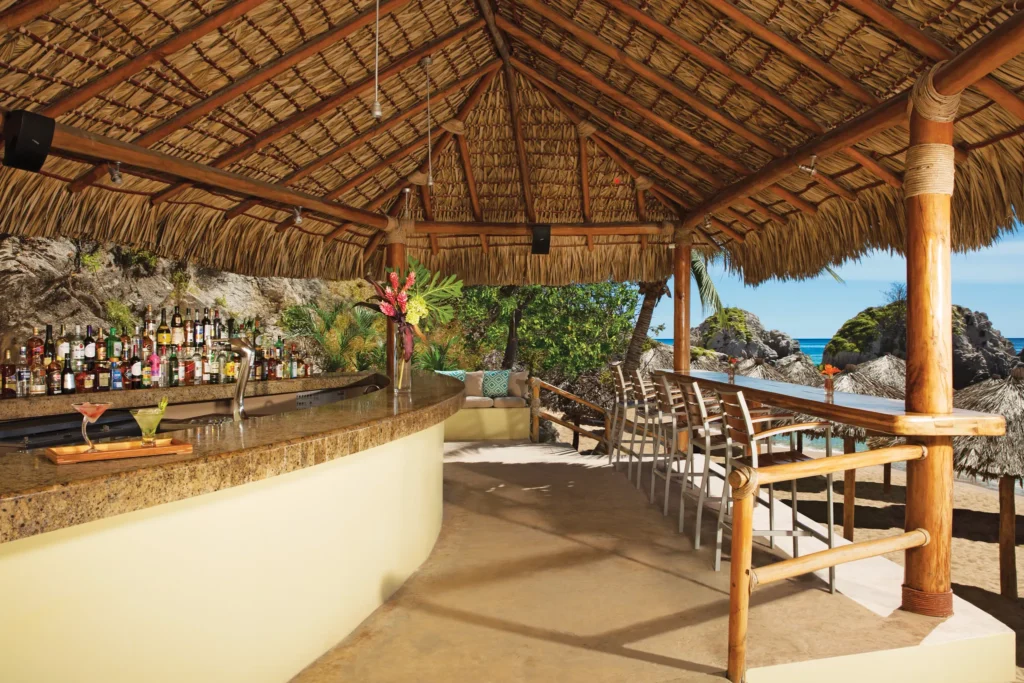 Barracuda Pool and Beach Bar at Dreams Huatulco Resort & Spa featuring a thatched-roof open-air bar, signature cocktails, and scenic ocean views.