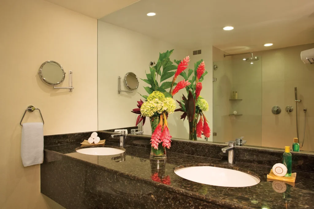 Deluxe Tropical View bathroom with vanity and walk-in shower at Dreams Huatulco Resort & Spa.