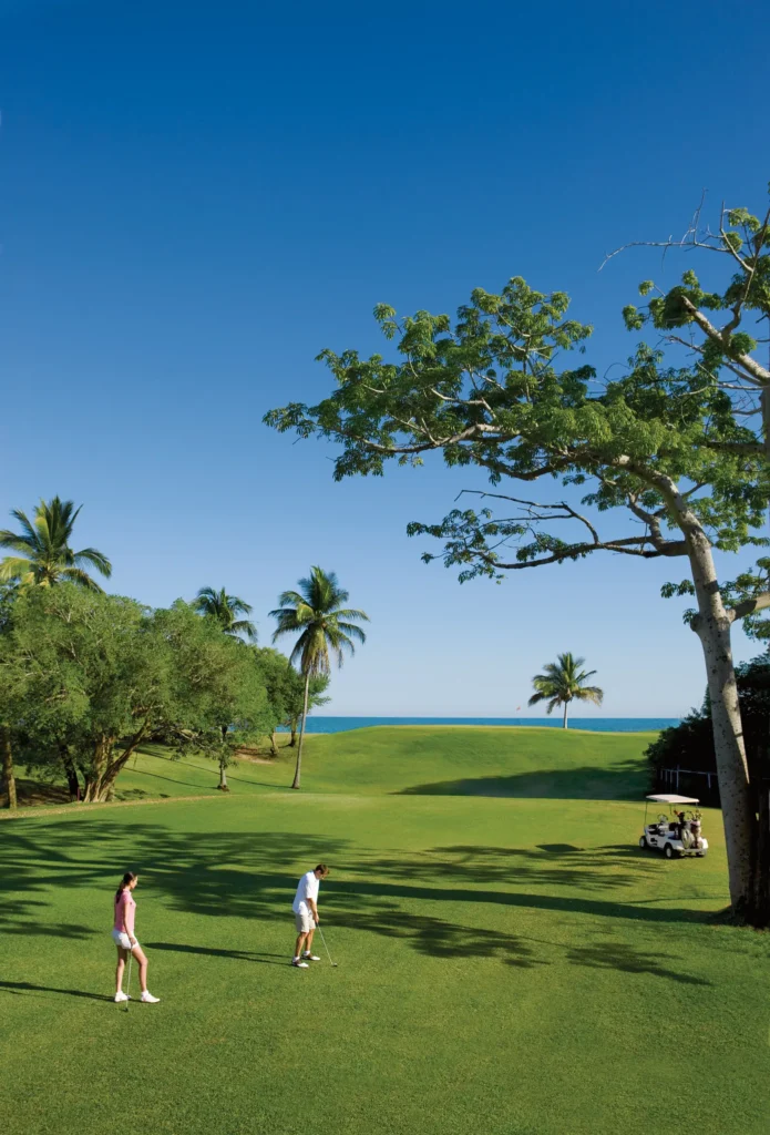 Guests playing golf on an oceanfront course surrounded by tropical scenery near Dreams Huatulco Resort & Spa.