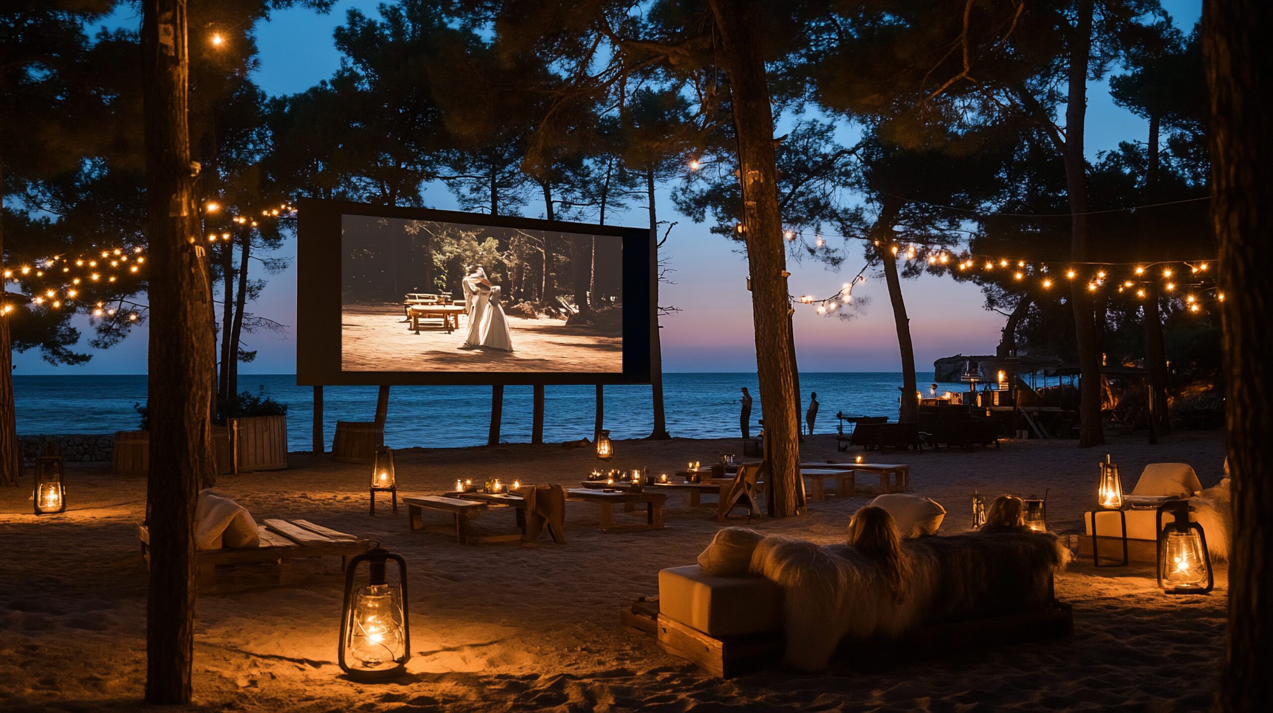 Beachside Cinema Under the Stars: An enchanting movie night on the sandy shore, illuminated by warm lights and surrounded by the tranquil sounds of the sea.
