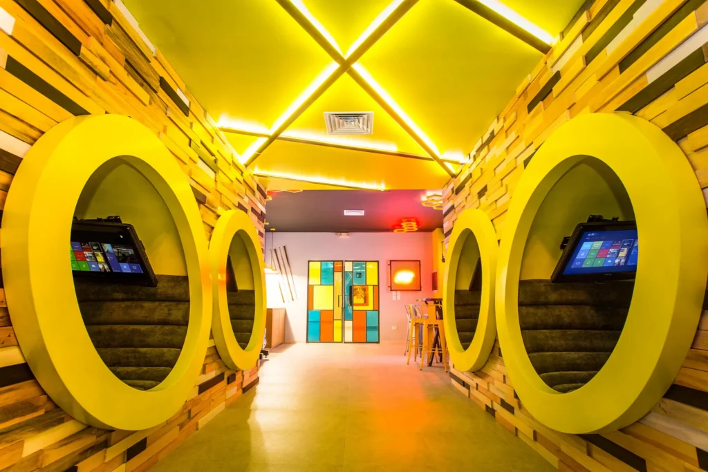 Modern gaming pods inside the Core Zone Teens Club at Dreams Jade Resort & Spa.