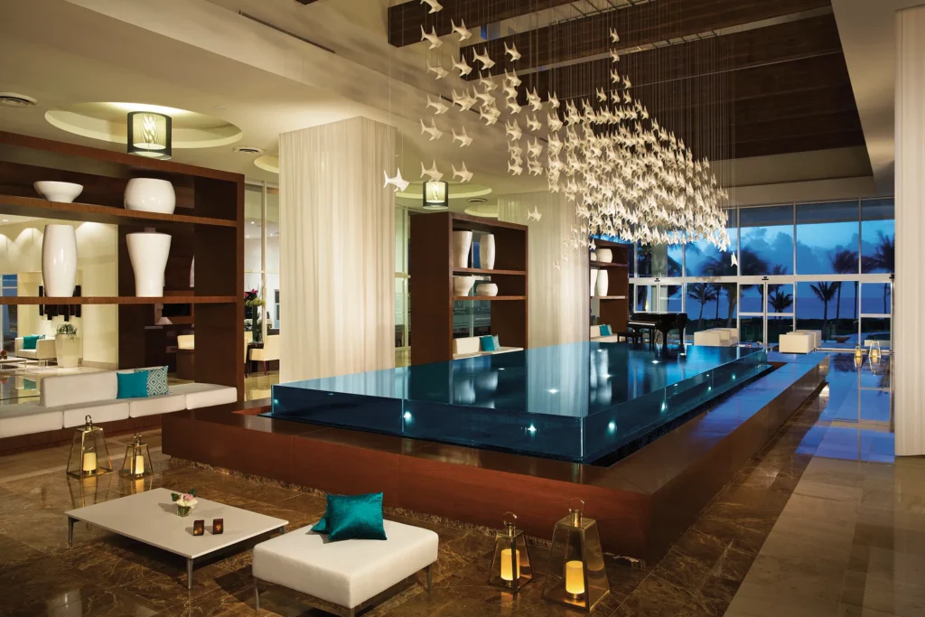 Elegant lobby interior at Dreams Jade Resort & Spa in Puerto Morelos.