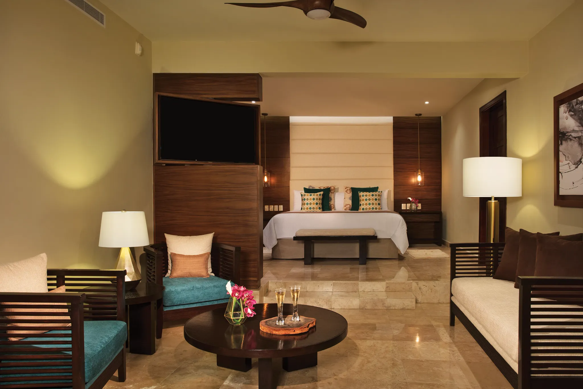 Preferred Club Governor Suite bedroom with king bed at Dreams Jade Resort & Spa in Riviera Cancun.