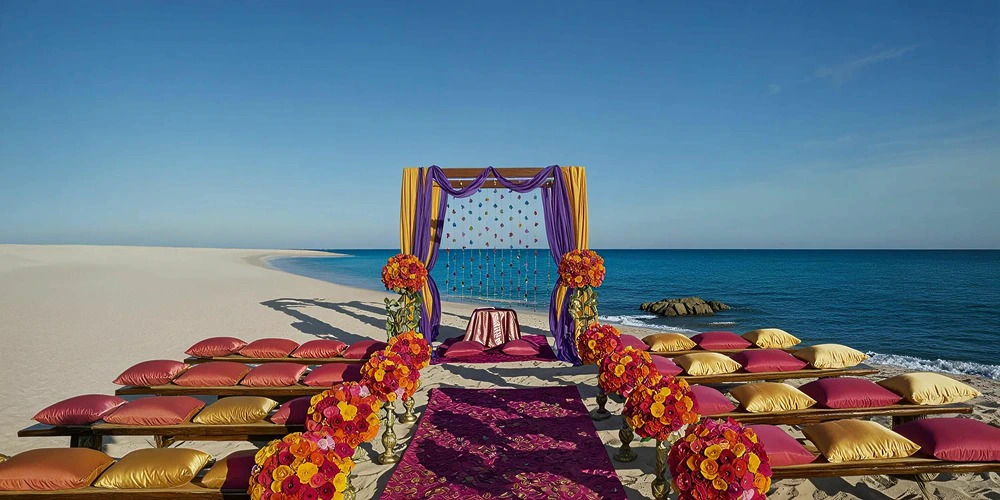 Beach wedding ceremony setup with colorful mandap and ocean views at Dreams Los Cabos