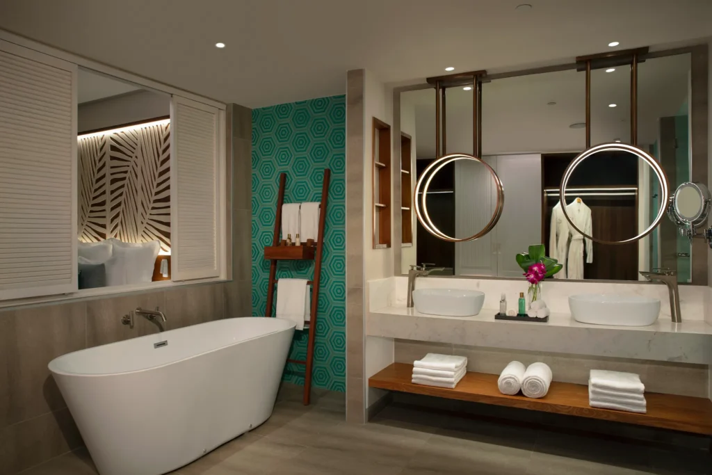 Preferred Club Master Suite Ocean View bathroom with soaking tub and dual sinks at Dreams Macao Beach Punta Cana.