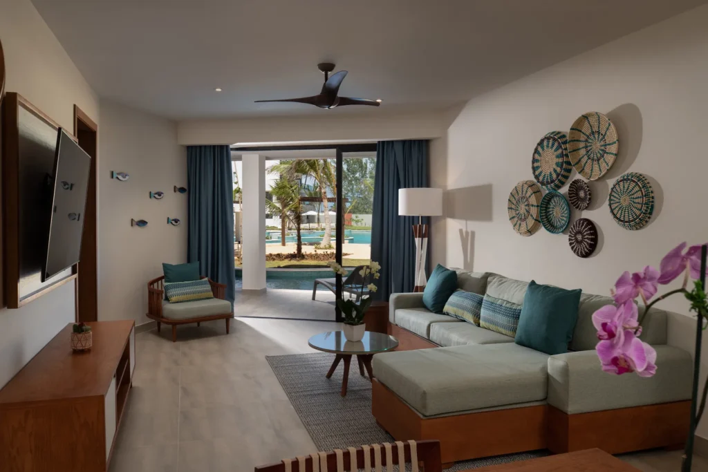 Preferred Club Master Suite Swim Out living room with pool-view terrace at Dreams Macao Beach Punta Cana.