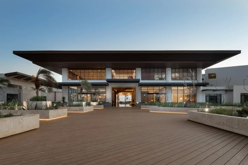 Modern resort lobby entrance at Dreams Macao Beach Punta Cana featuring elegant contemporary architecture.