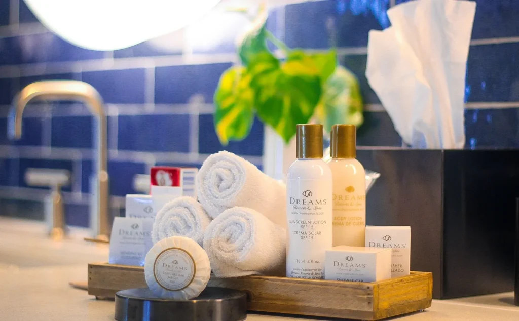Preferred Club Junior Suite Ocean View premium bath amenities and toiletries at Dreams Natura Resort & Spa.