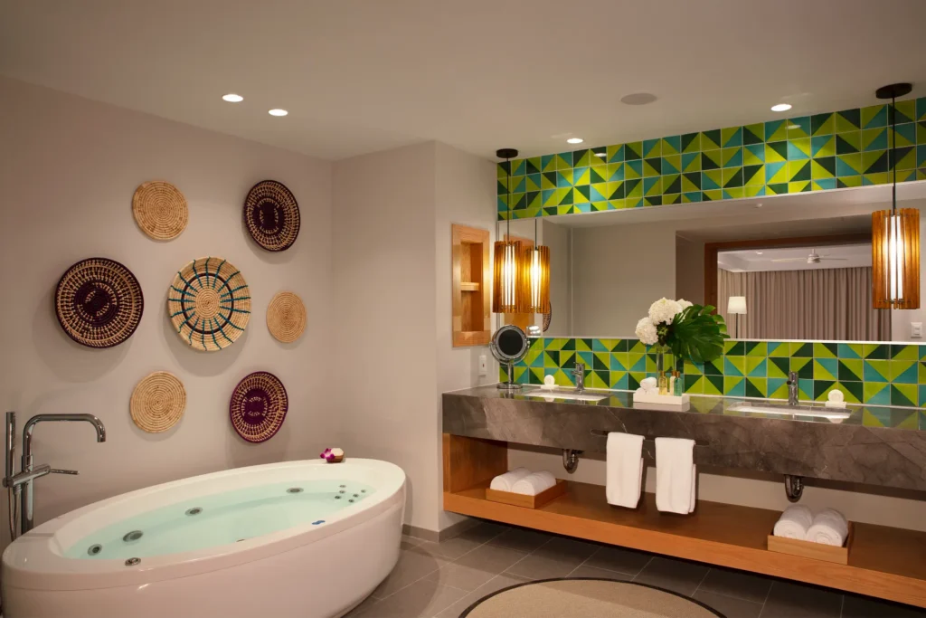 Preferred Club Master Suite Ocean View bathroom with soaking tub and double vanity at Dreams Natura Resort & Spa.