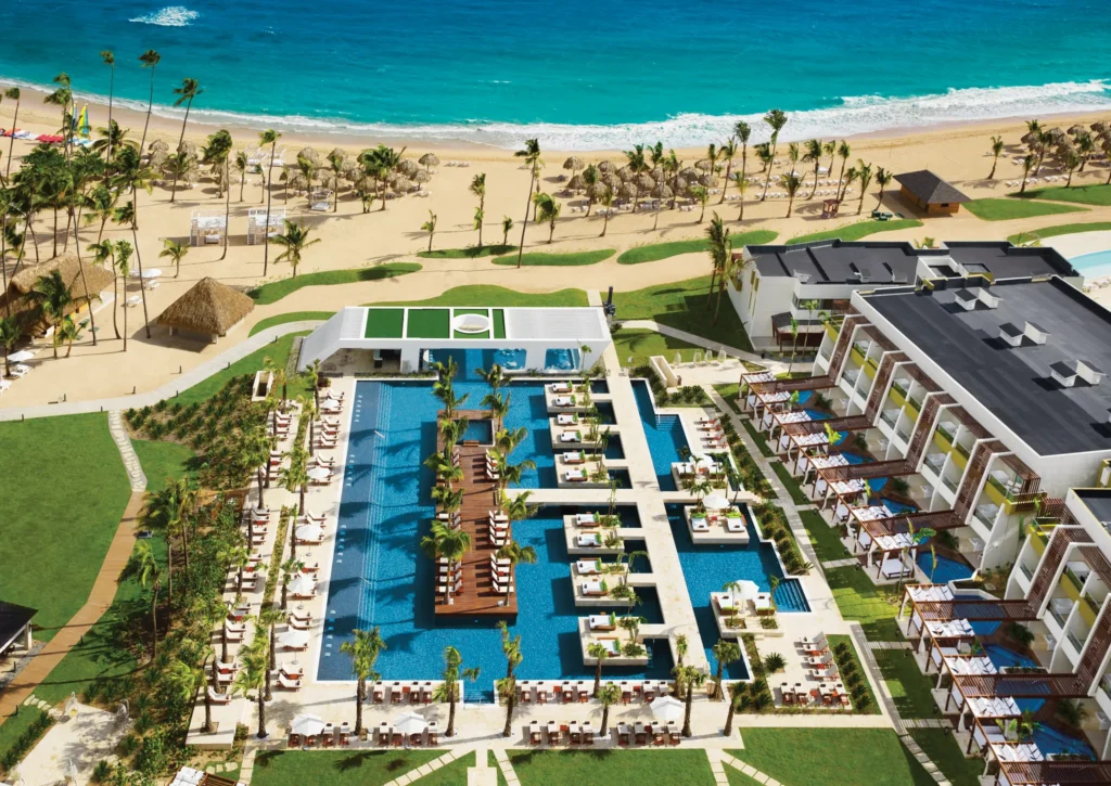 Aerial view of adults-only pool area near the beach at Dreams Onyx Resort & Spa.