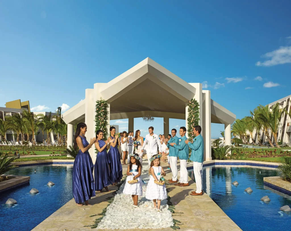 Fountain gazebo wedding ceremony venue with water features and garden setting at Dreams Onyx Resort & Spa