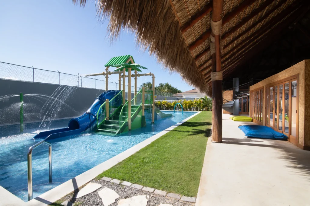 Children’s water playground with slides and splash features at Dreams Onyx Resort & Spa Explorer’s Club.