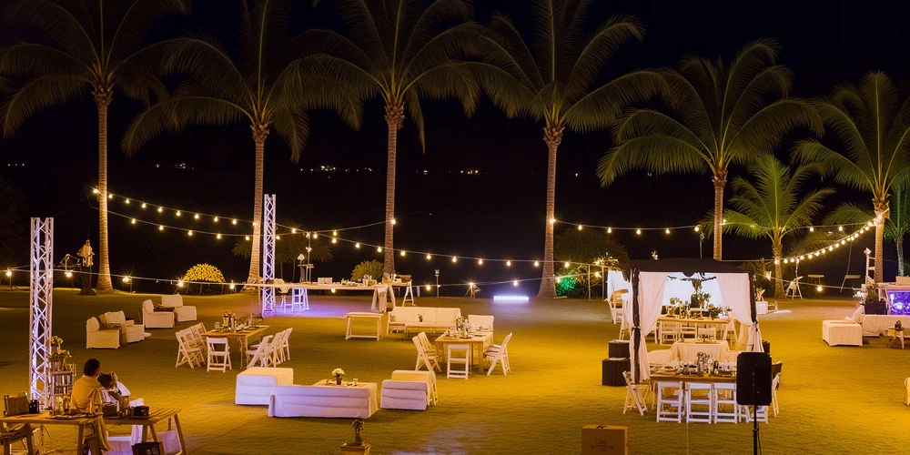 Sand Court evening wedding reception setup at Dreams Playa Bonita Panama