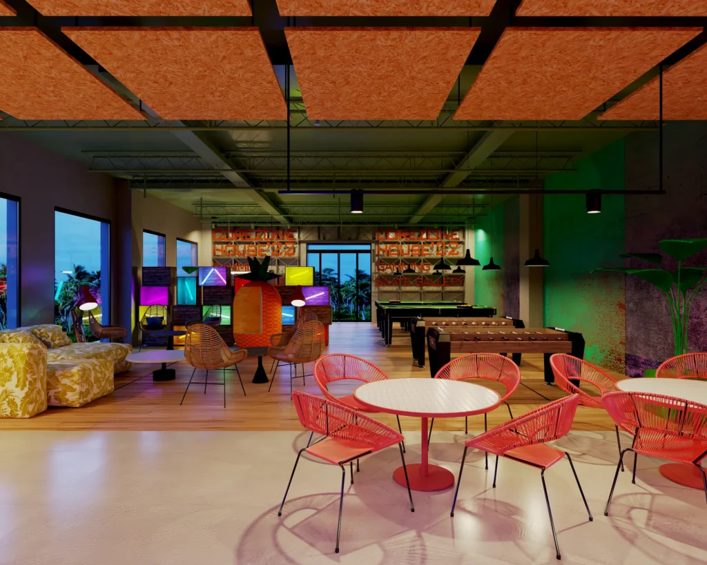 Modern gaming and entertainment area inside the Core Zone teen club at Dreams Playa Esmeralda Resort & Spa.