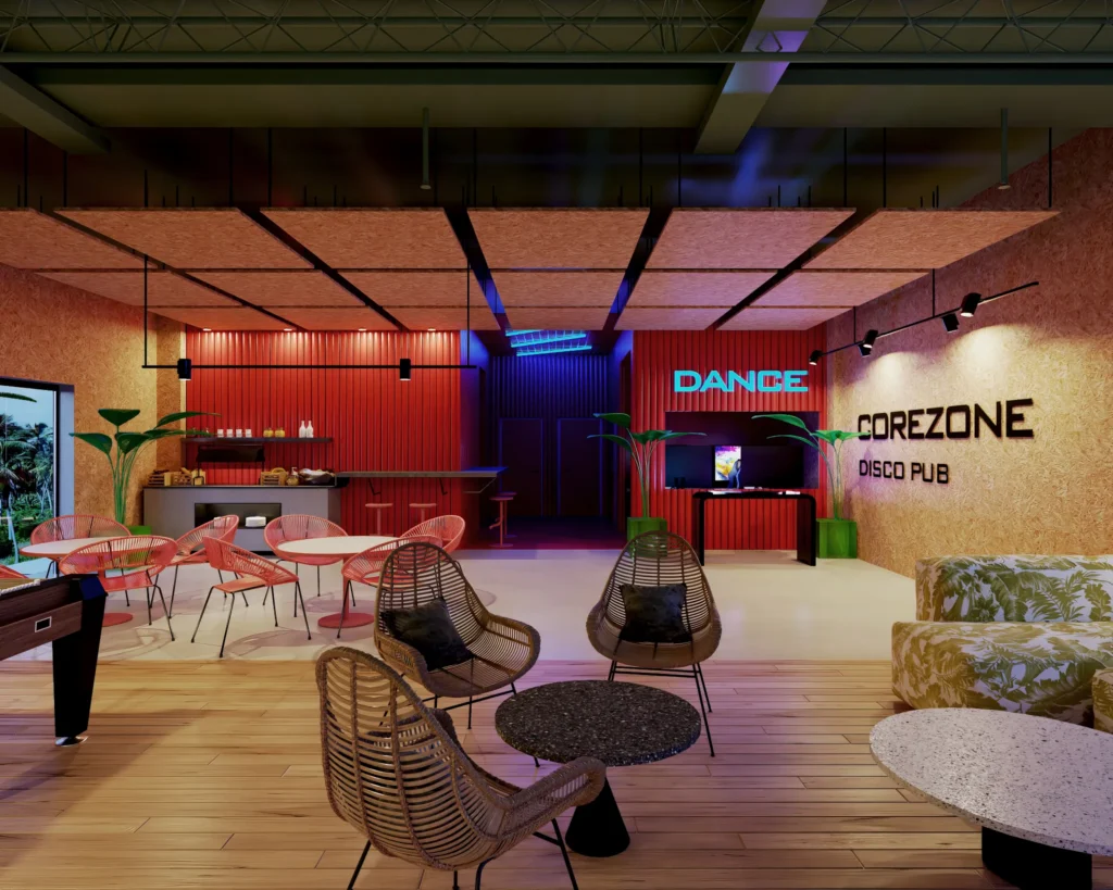 Stylish teen lounge and disco pub at Dreams Playa Esmeralda Resort & Spa featuring modern seating, games, and entertainment spaces.