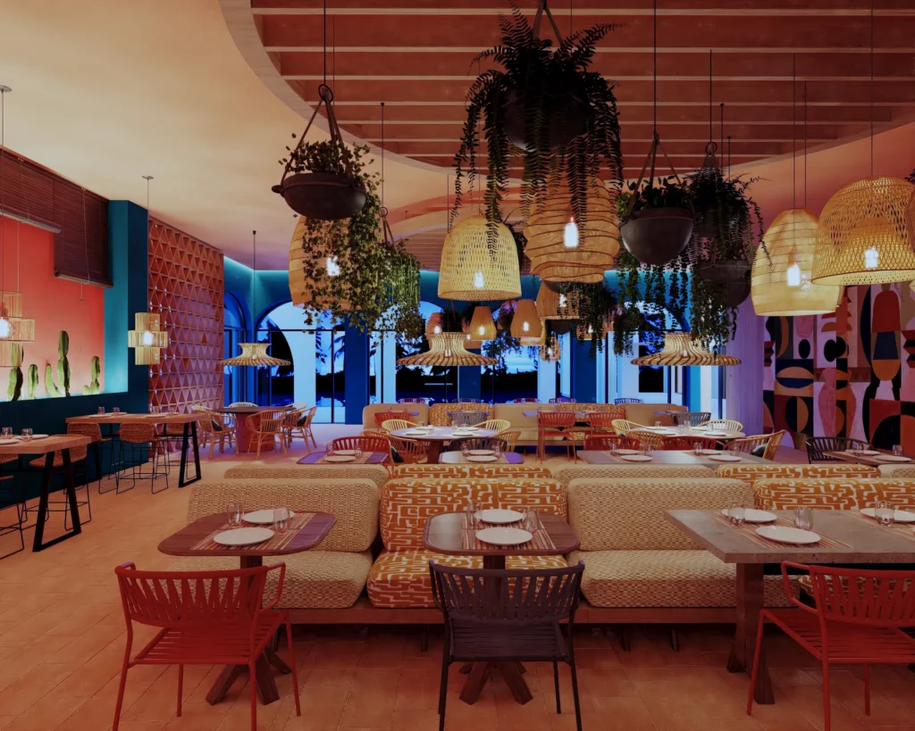 El Patio restaurant at Dreams Playa Esmeralda Resort & Spa featuring vibrant Mexican décor, authentic cuisine, and festive dining atmosphere.