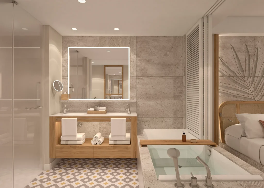 Junior Suite Ocean View bathroom with soaking tub and modern vanity at Dreams Playa Esmeralda Resort & Spa.