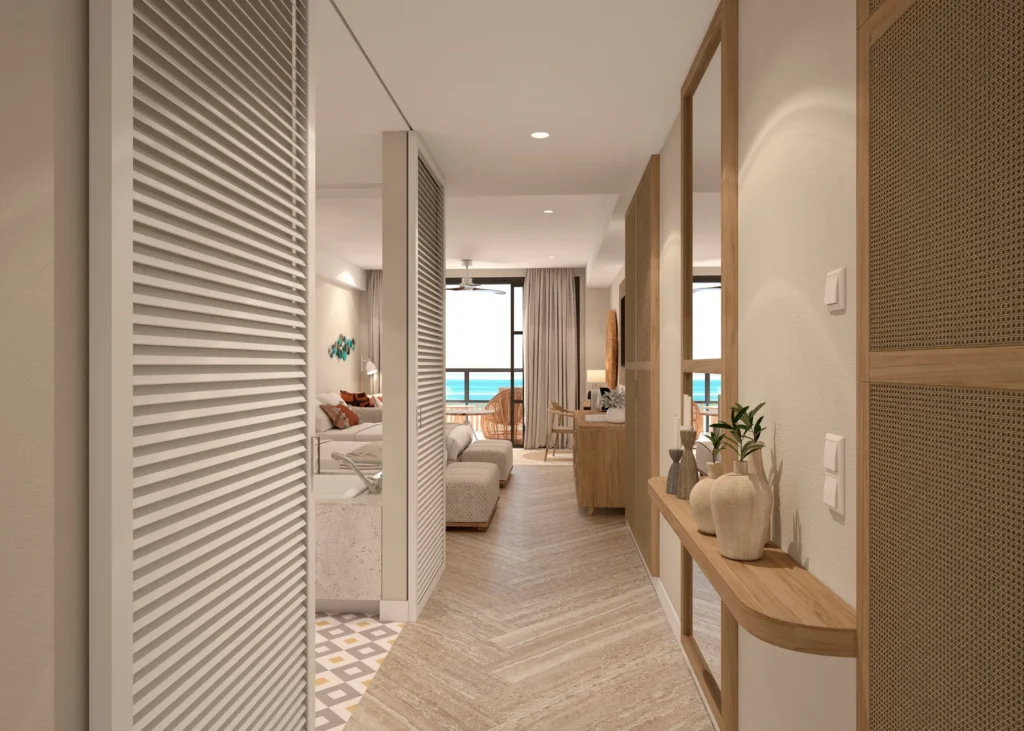 Entrance hallway of the Junior Suite Ocean View at Dreams Playa Esmeralda Resort & Spa with modern tropical décor.