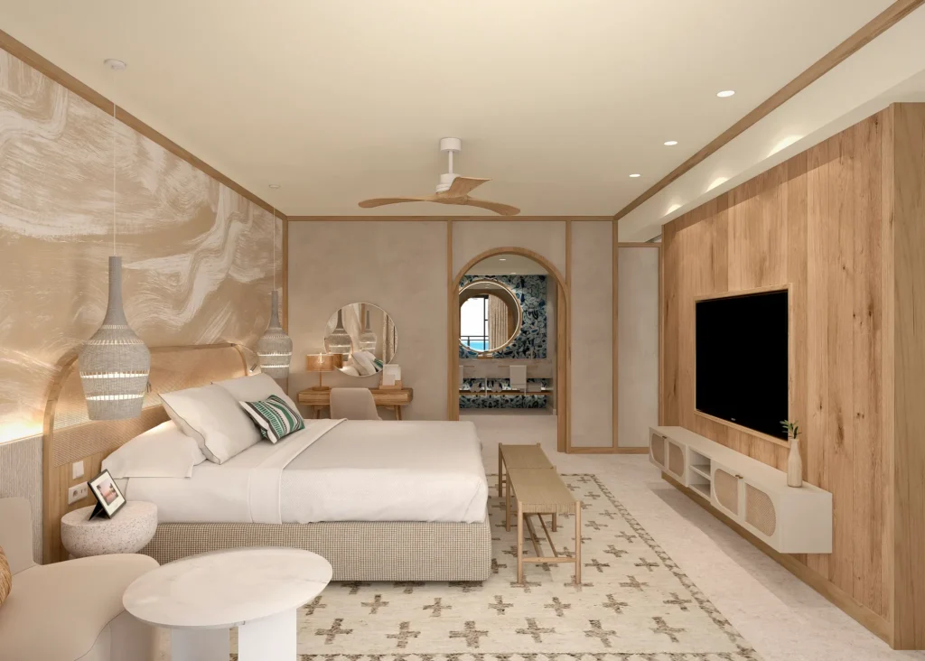 Preferred Club Presidential Ocean Front suite interior with king bed and modern coastal décor at Dreams Playa Esmeralda Resort & Spa.