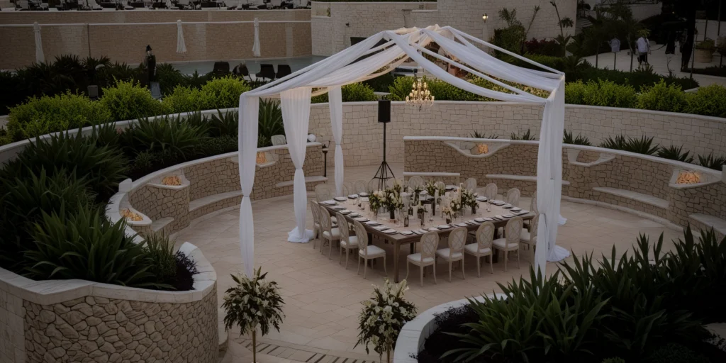 Cove Terrace intimate wedding reception with draped canopy and chandelier at Dreams Playa Mujeres Golf & Spa Resort