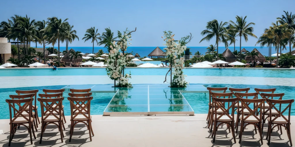 Over-the-water wedding setup with ocean views at Dreams Playa Mujeres Golf & Spa Resort
