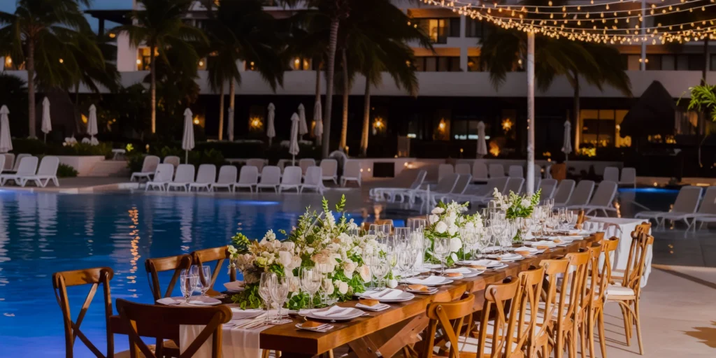 Poolside terrace wedding reception with long tables and tropical views at Dreams Playa Mujeres Golf & Spa Resort