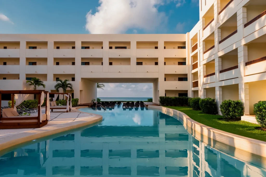 Long resort pool with ocean view framed by modern buildings at Dreams Puerto Morelos Resort & Spa.