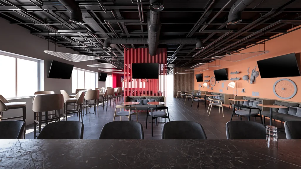 Off Court sports bar at Dreams Puerto Morelos Resort & Spa featuring modern lounge seating, multiple TVs, and a vibrant indoor entertainment space.