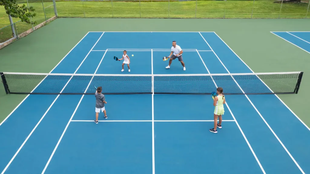 Father and children playing pickleball together at Dreams Rose Hall Resort & Spa in Montego Bay, Jamaica.