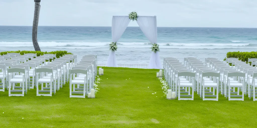 West Lawn facing ocean wedding ceremony setup at Dreams Rose Hall Resort & Spa