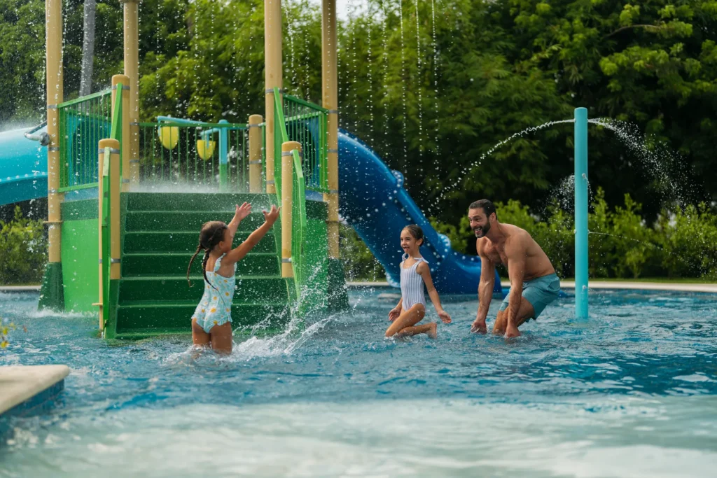 Children playing in splash zone water park at Dreams Royal Beach Punta Cana with fountains and slides.