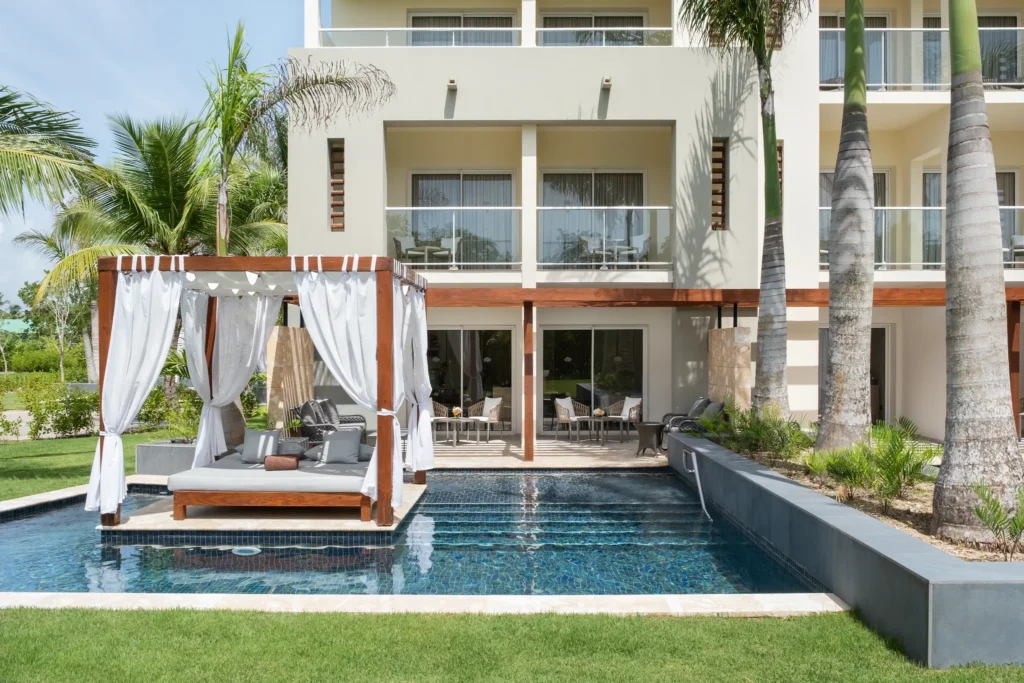Preferred Club Master Suite Private Pool terrace with private pool and Bali bed at Dreams Royal Beach Punta Cana.