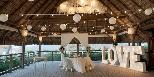 Seaside Grill restaurant reception setup with ocean views at Dreams Royal Beach Punta Cana
