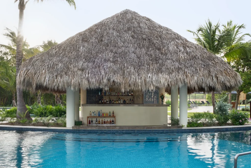 The Reef bar at Dreams Royal Beach Punta Cana featuring a relaxed swim-up pool bar with tropical drinks and beachside ambiance.