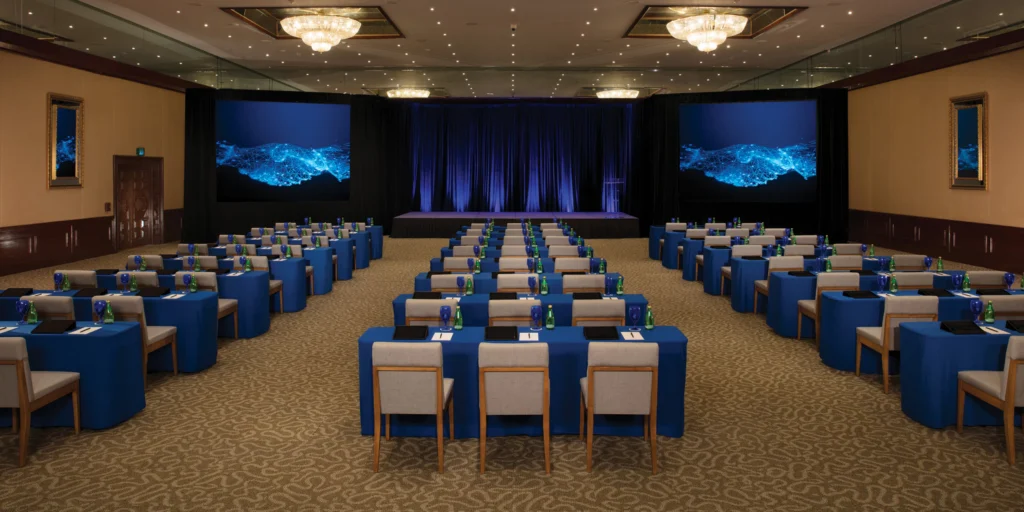 Ballroom venue elegantly decorated for wedding receptions at Dreams Sapphire Resort & Spa