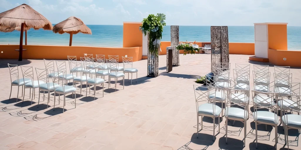 Beach Terrace venue with oceanfront wedding reception setup at Dreams Sapphire Resort & Spa