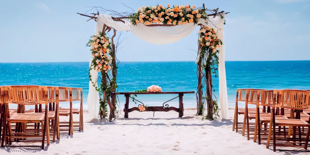 Beach wedding ceremony setup on the sandy shoreline at Dreams Sapphire Resort & Spa