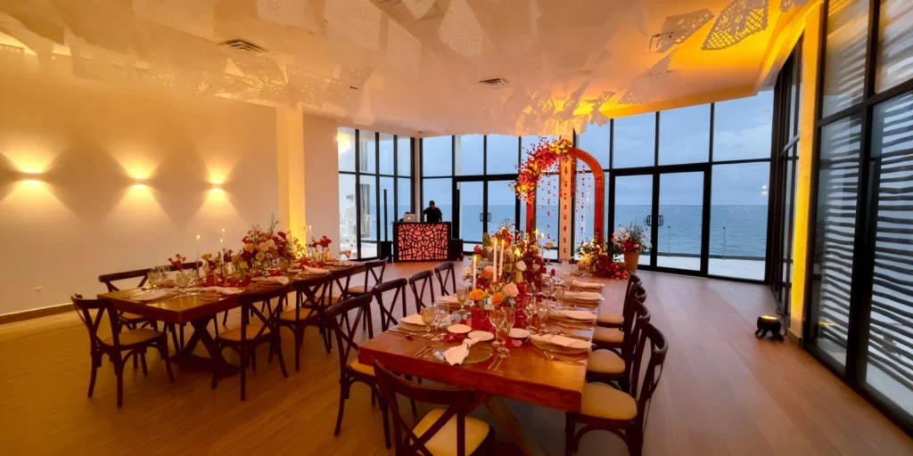 Indigo Ballroom elegantly arranged for wedding receptions at Dreams Sapphire Resort & Spa