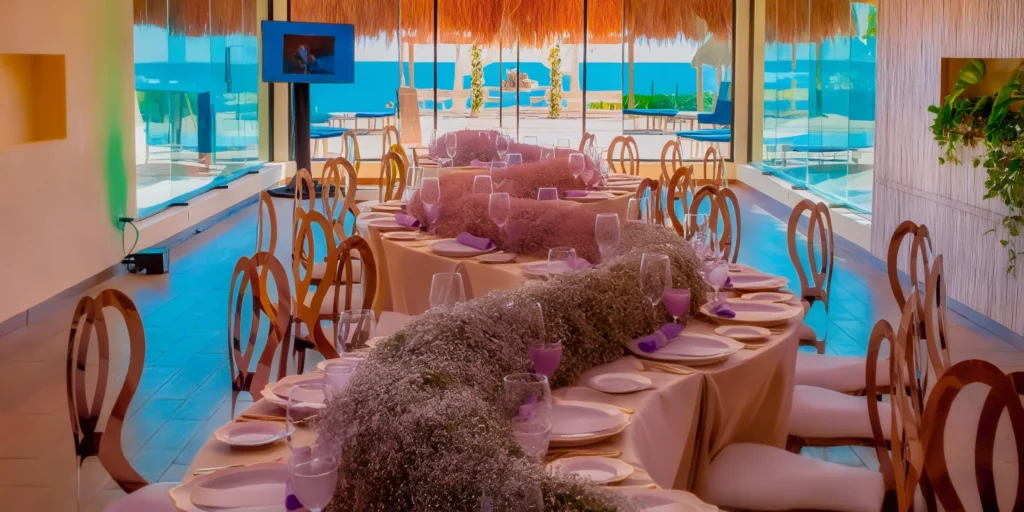 Vista Del Mar Indoor venue with elegant event setup at Dreams Sapphire Resort & Spa