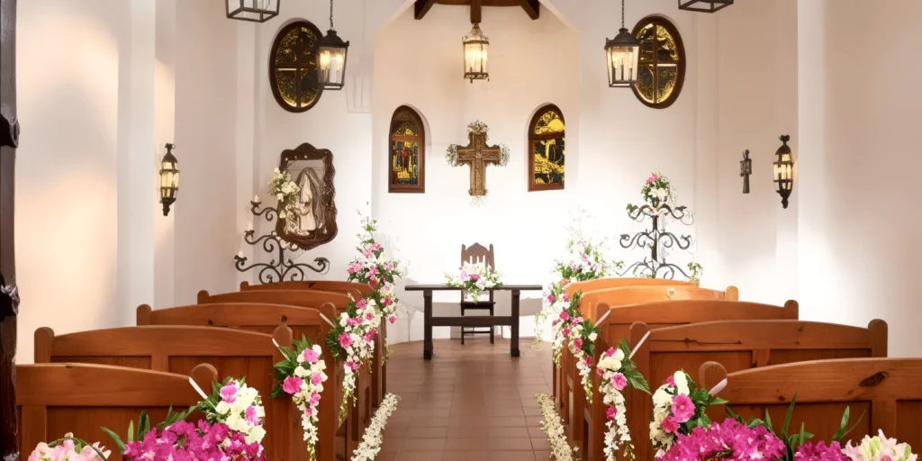 Elegant wedding chapel ceremony venue at Dreams Tulum Resort & Spa surrounded by tropical gardens