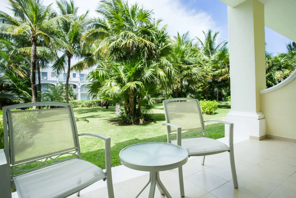 Private terrace with tropical garden view at Dreams Tulum Resort & Spa Deluxe Junior Garden View room.