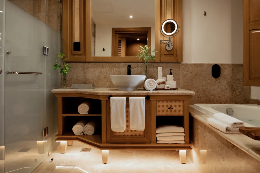 Preferred Club Ocean View marble bathroom with soaking tub at Dreams Tulum Resort & Spa.