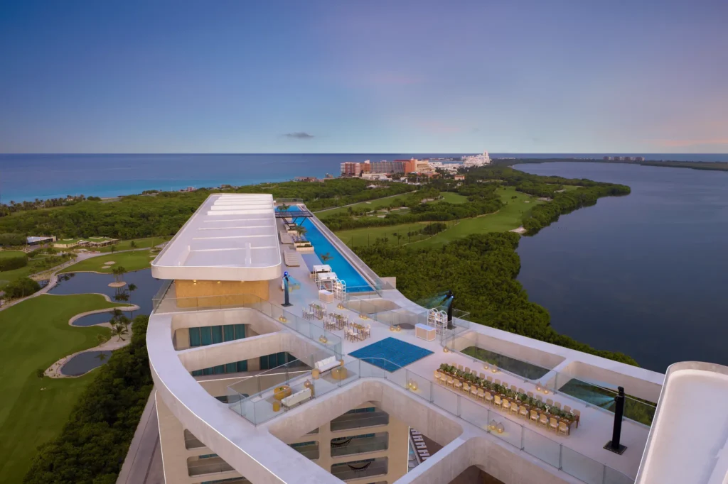 Rooftop Bridge event setup with infinity pool and panoramic ocean views at Hyatt Vivid Grand Island
