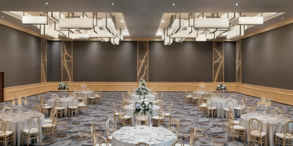 Elegant ballroom wedding reception setup at Hyatt Vivid Playa del Carmen