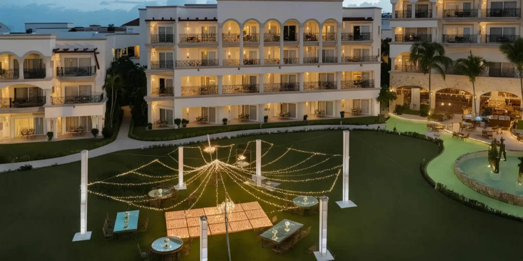Central Garden outdoor wedding reception setup at Hyatt Vivid Playa del Carmen